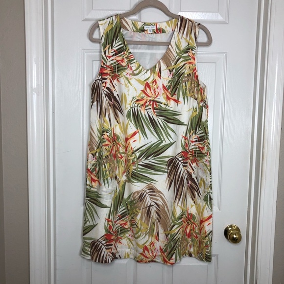 J.Jill Love Linen 100% Linen V Neck Sleeves Pockets Tropical Shift Lined Dress M - Picture 3 of 16